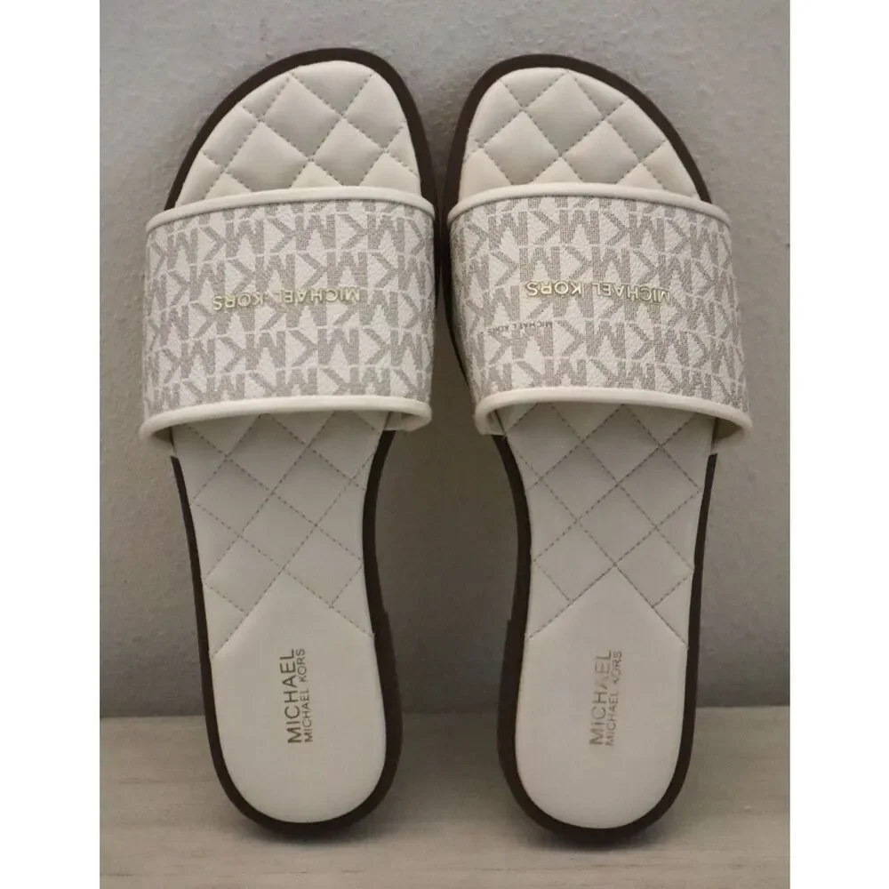 Michael Kors PV25E Women's Sz 10M Vanilla Monogram Quilted Slide Sandals - Picture 2 of 13